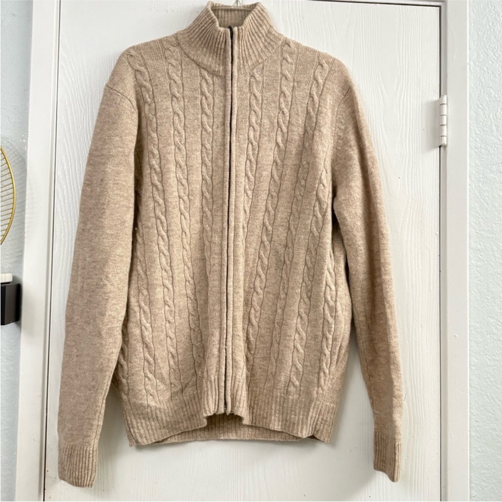 Watsons REG.TRADEMARK Wool Blend Men's Classic Cable Knit Zip Sweater Beige Sz L